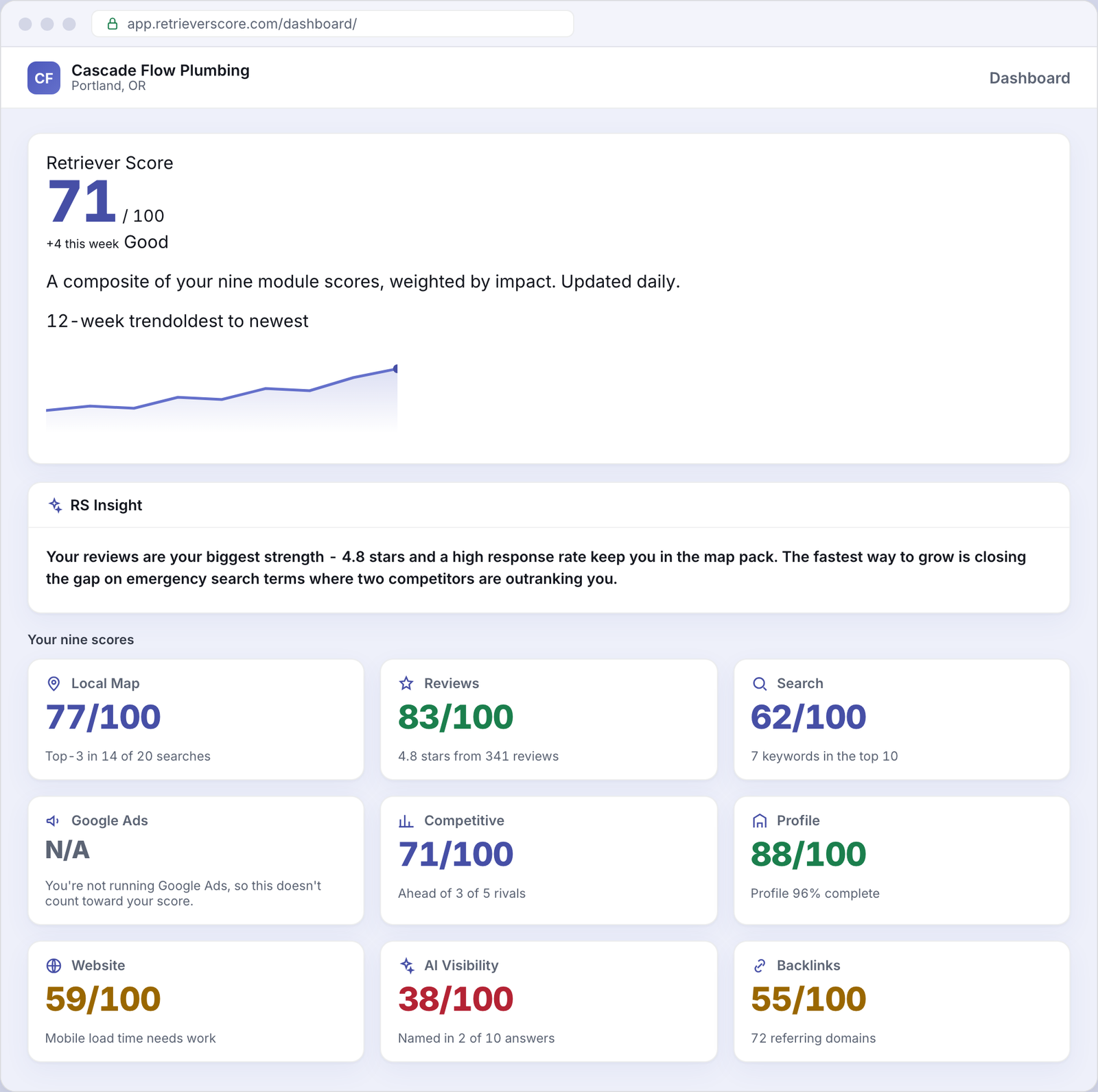 Retriever Score dashboard for an example Plumbing business - overall online presence score