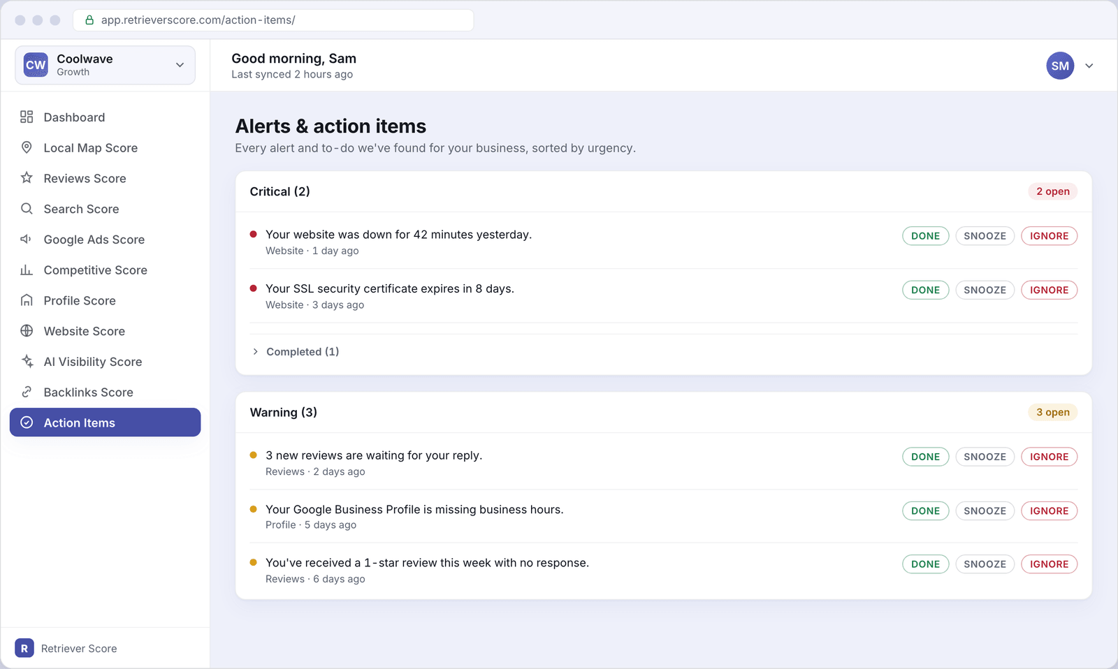 The Action Items screen showing a Critical card with two open alerts and a collapsed Completed group, and a Warning card with three open alerts, each with Done, Snooze, and Ignore buttons