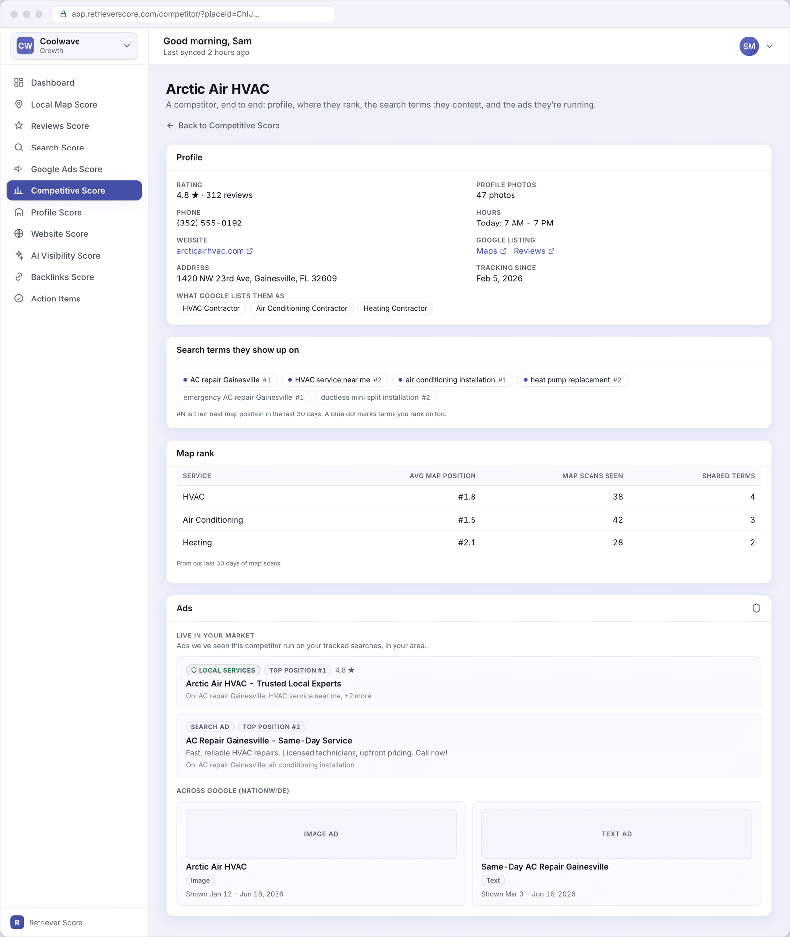 The Competitor details screen for Arctic Air HVAC, showing their profile, the search terms they compete on with Coolwave, a map rank table, and live ads