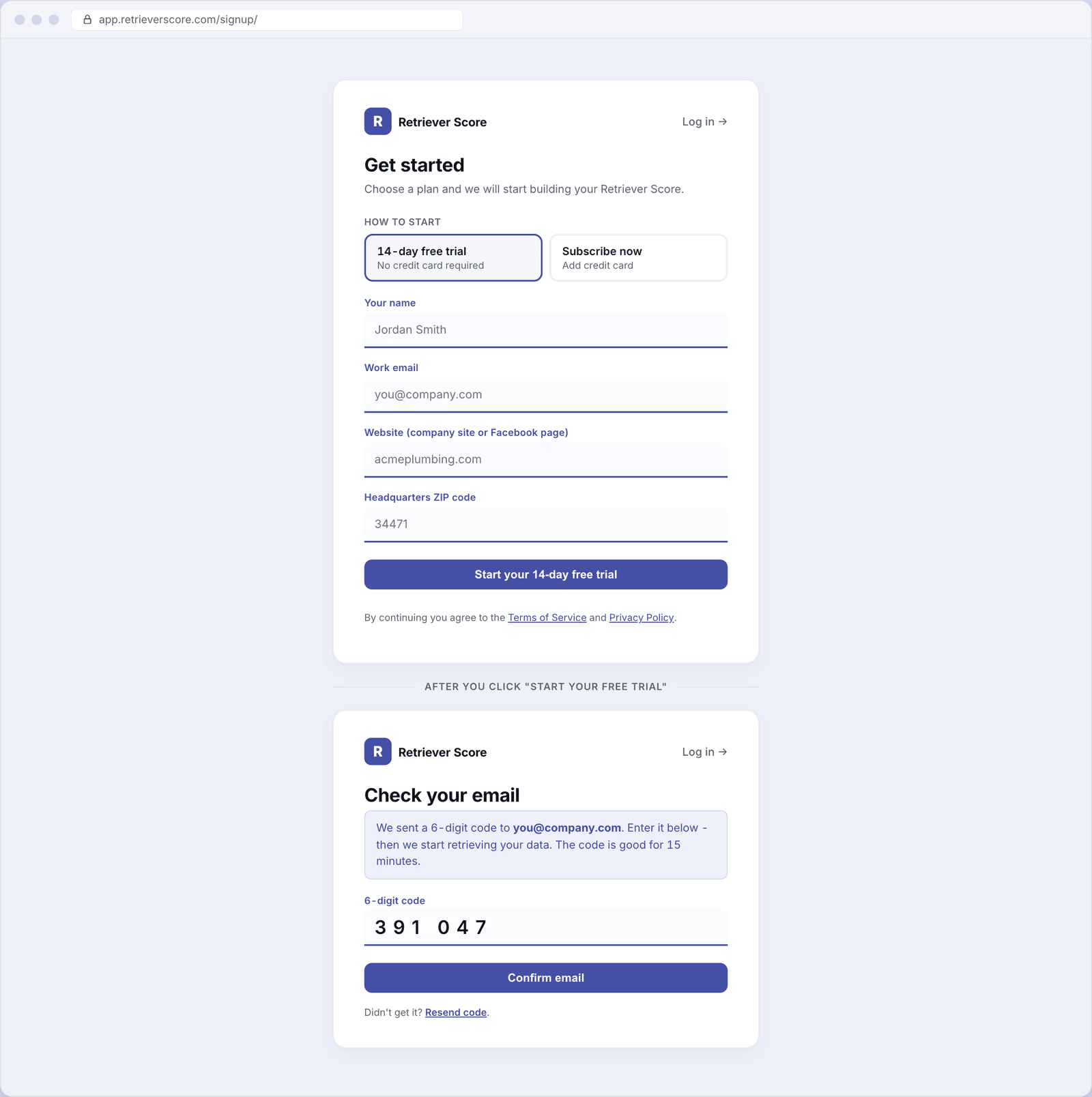 The sign-up screen showing the Get started form with a 14-day free trial selected, fields for name, email, website, and ZIP, then below it the Check your email step with a 6-digit code entry
