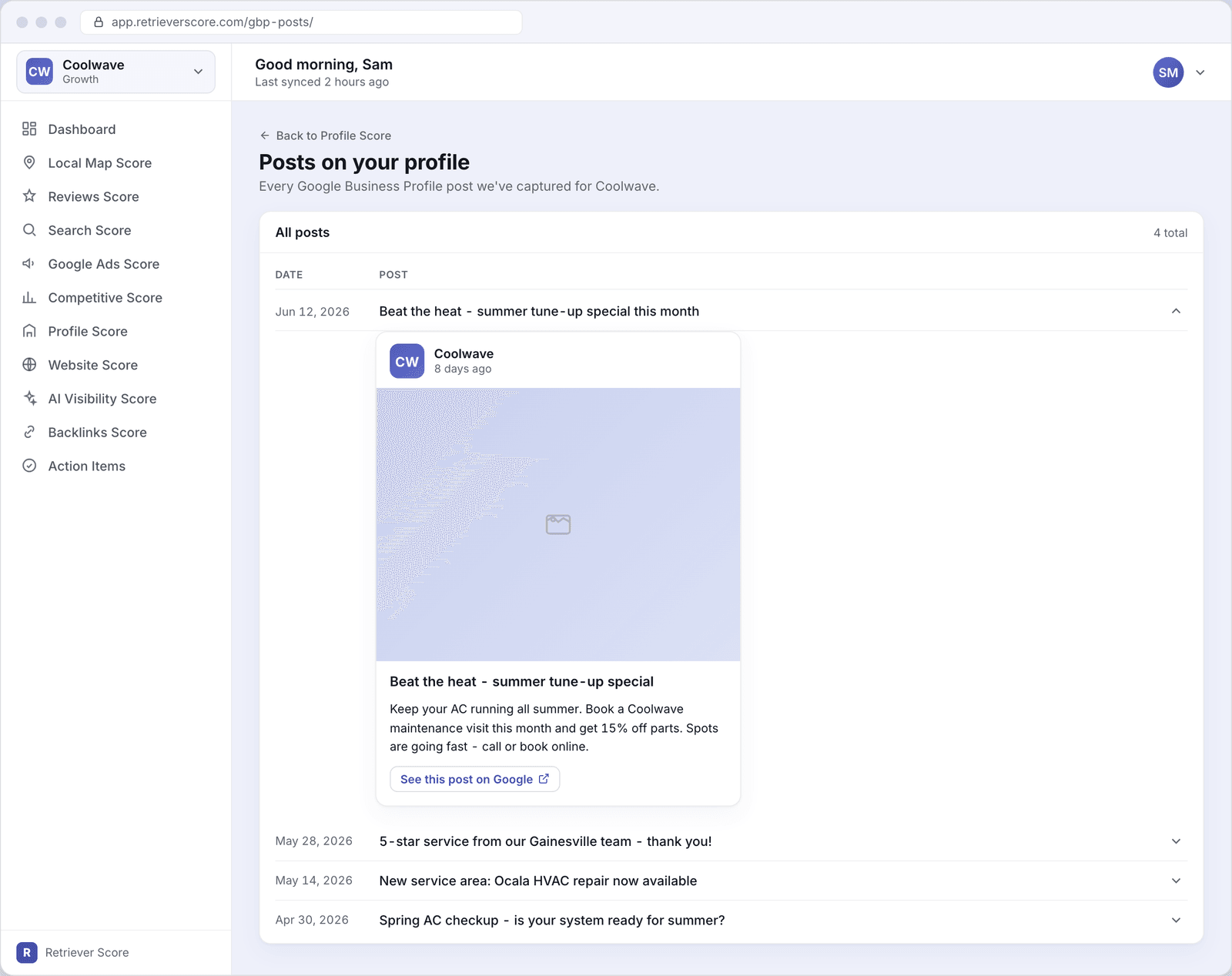 The Google Business Posts screen for Coolwave showing a list of four posts by date and headline, with the top post expanded into a Google-style card showing the post photo, title, body text, and a link to view it on Google