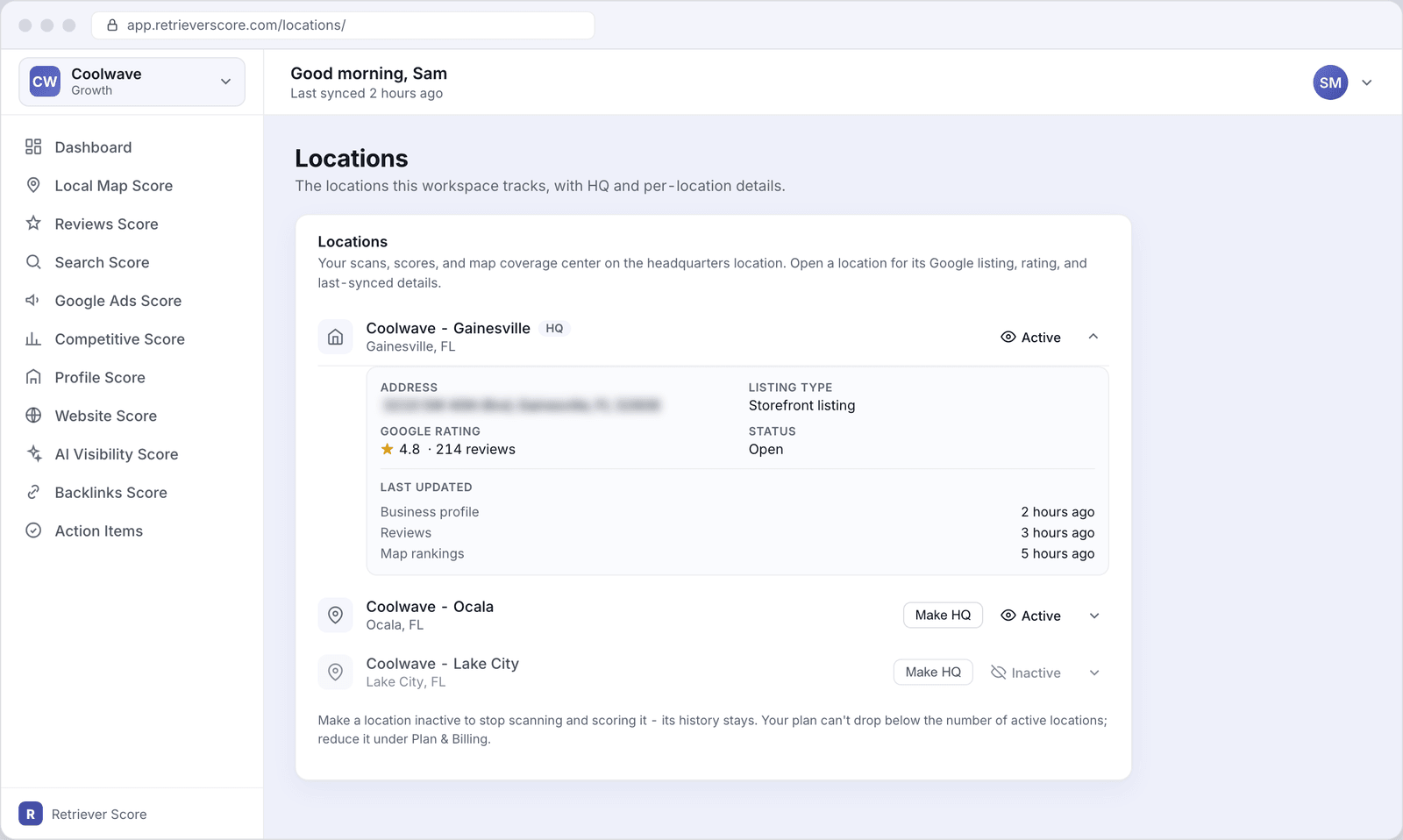 The Locations screen for Coolwave showing three locations in an expandable list - the Phoenix HQ is expanded to show its address, Google rating, listing type, and last-synced times; Scottsdale is active and collapsed; Mesa is inactive and collapsed