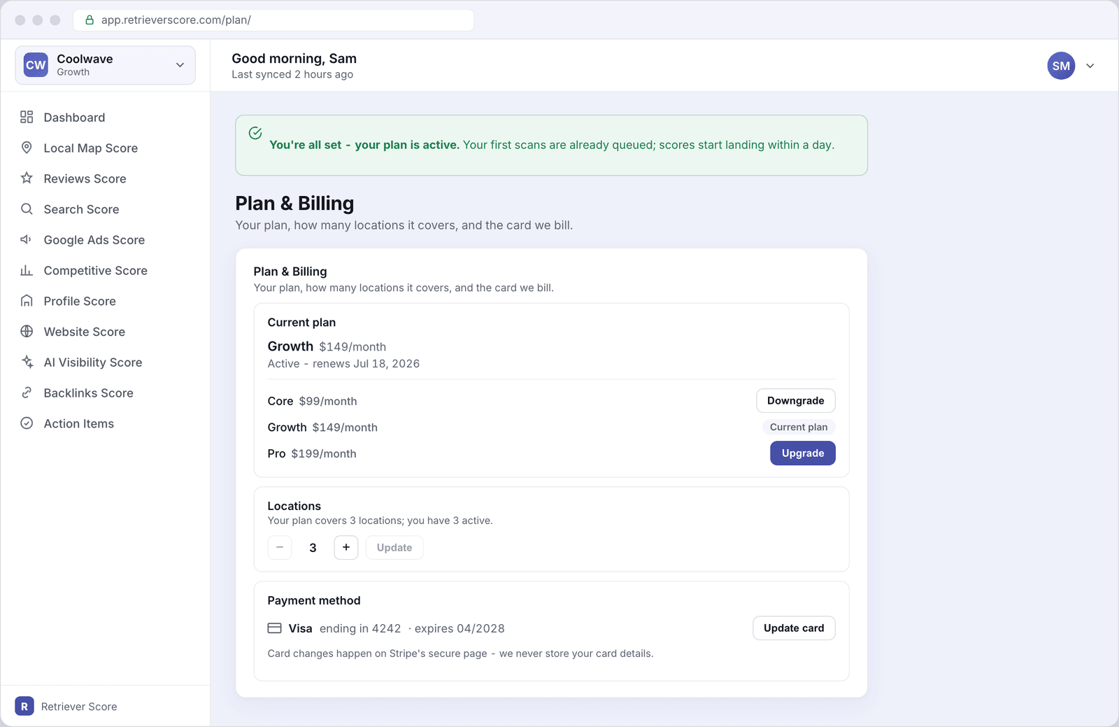The Plan and Billing screen showing a Growth plan active at $149 per month, a location count of 1, and a Visa card ending in 4242 on file
