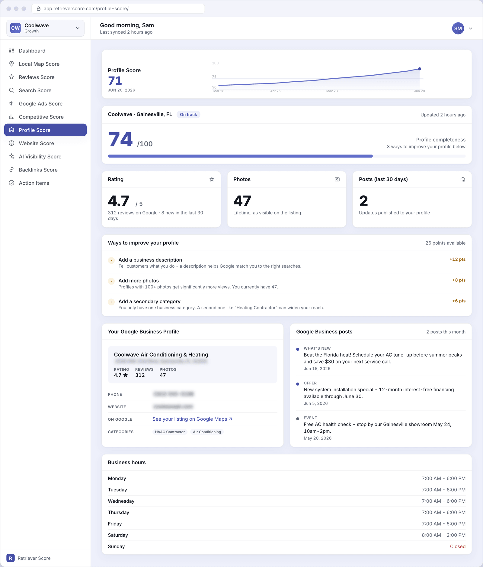 The Profile Score screen for Coolwave, showing a score of 71, a completeness meter at 74/100, three small KPI tiles for rating, photos and posts, a checklist of improvements, the Google listing details, recent posts, and business hours