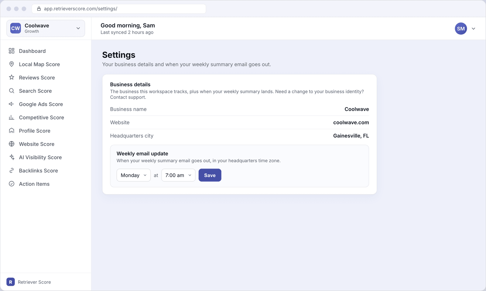 The Business settings screen showing read-only business identity rows for Coolwave and a weekly email update picker set to Monday at 7:00 am