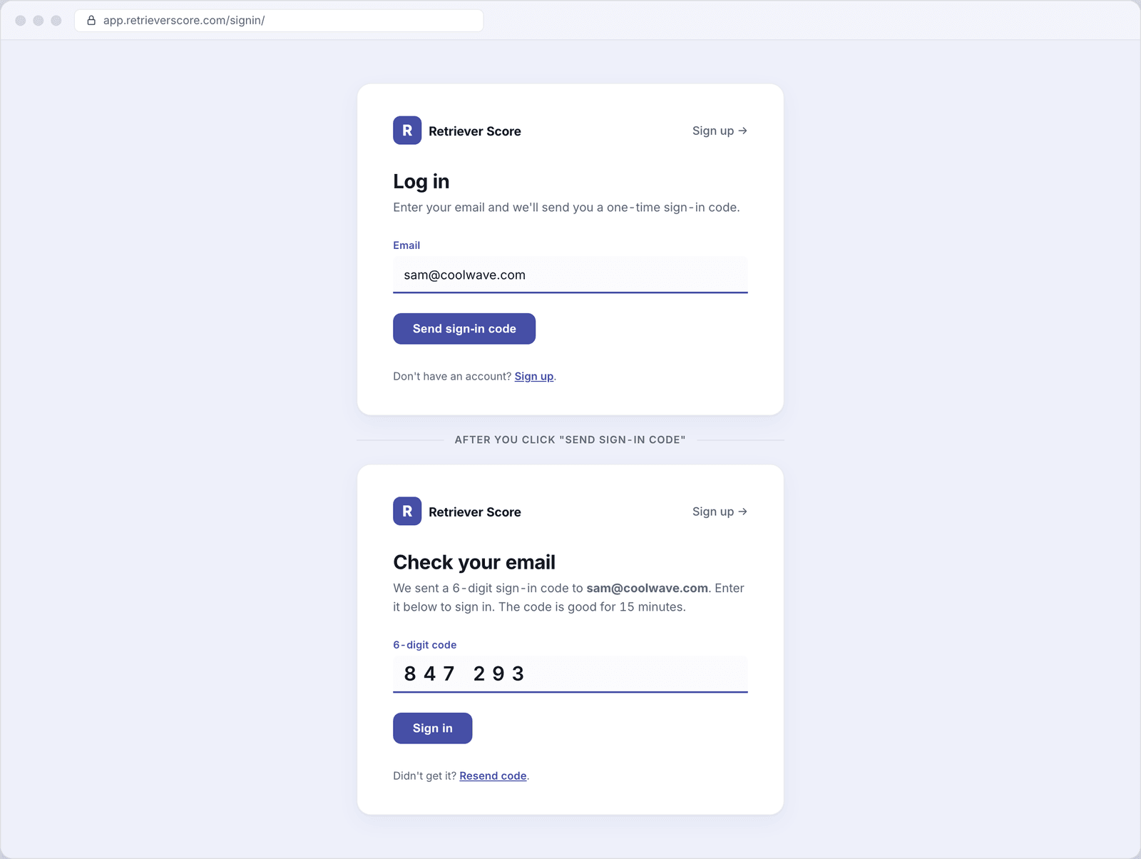 The Retriever Score sign-in screen showing the email entry step, then the 6-digit code entry step