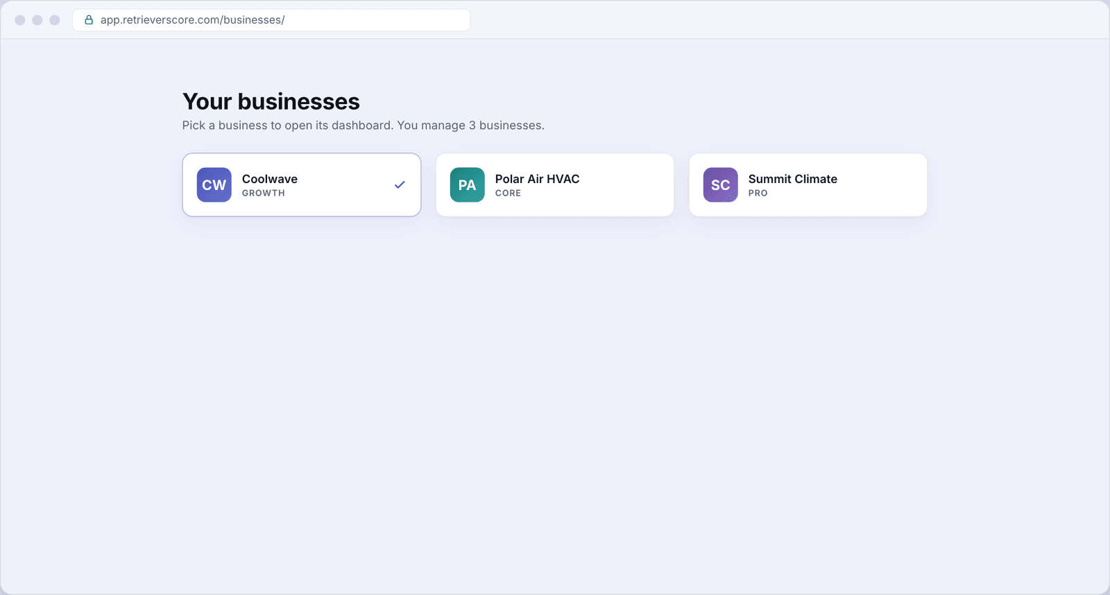 The All Businesses screen showing three business cards in a three-column grid - Coolwave with a checkmark indicating it is currently active, Polar Air HVAC, and Summit Climate