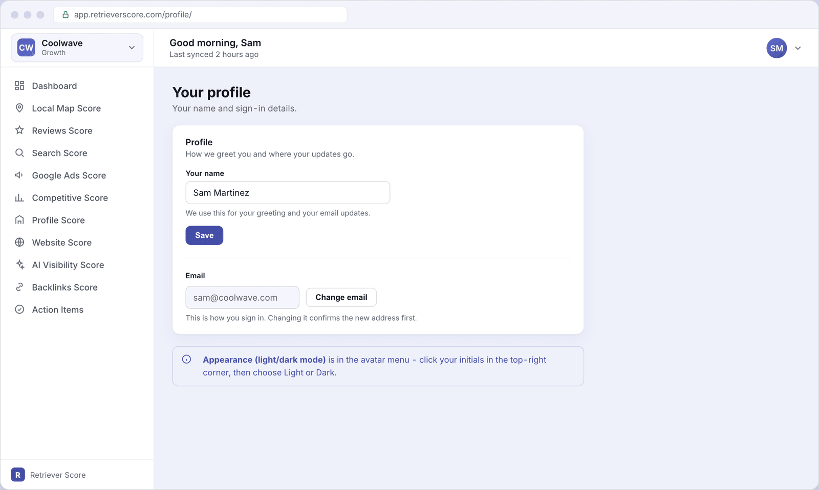 The Your profile screen showing an editable Your name field set to Sam Martinez, a read-only email field showing sam@coolwave.com with a Change email button, and a note about the appearance toggle being in the avatar menu
