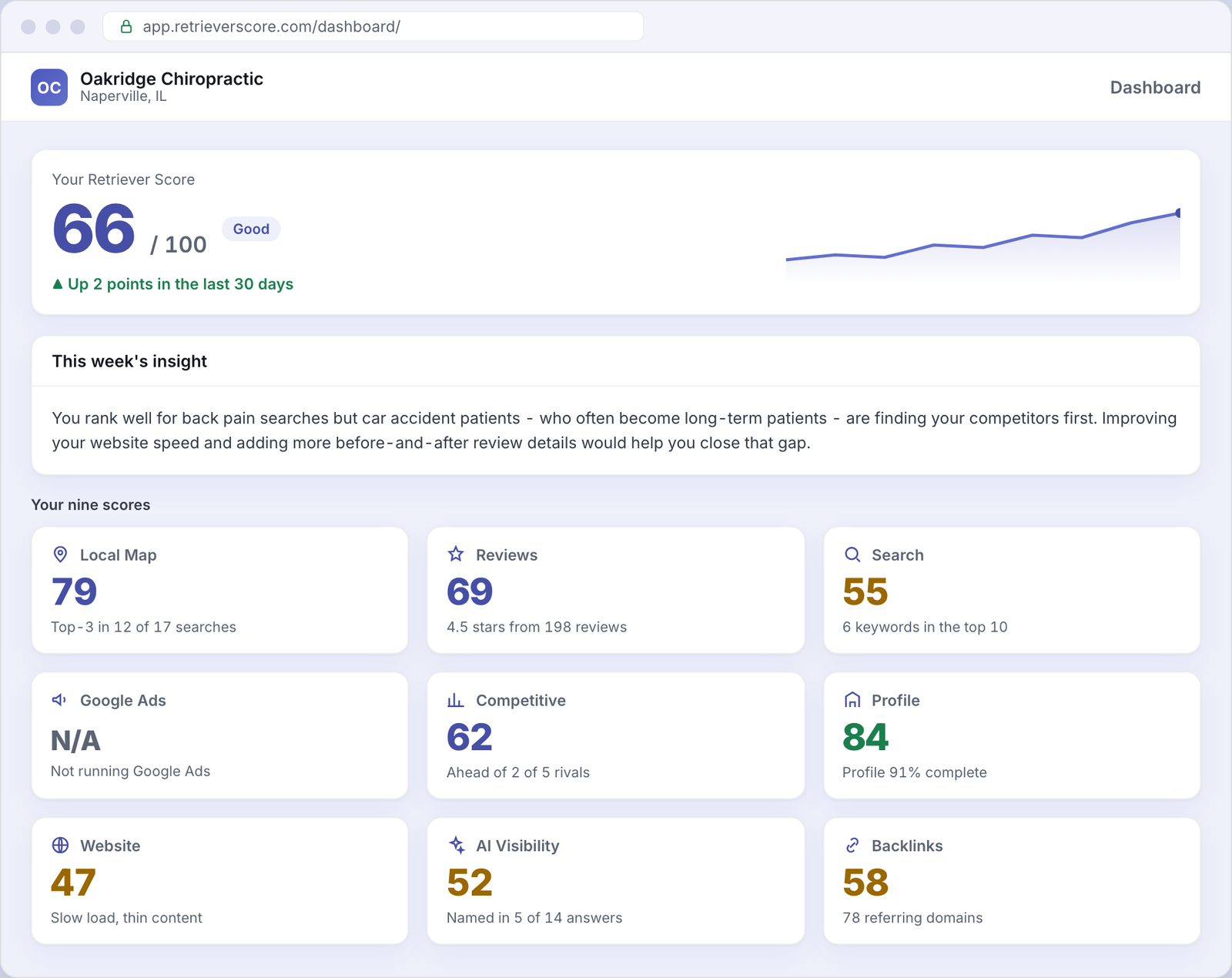 Retriever Score dashboard for an example Chiropractic business