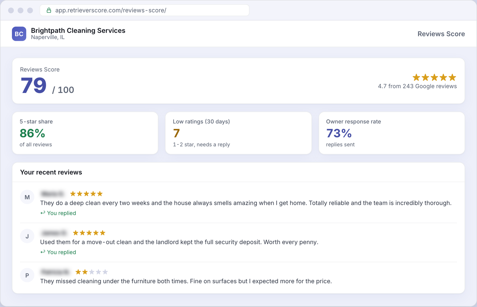 Reviews Score for an example Cleaning services business