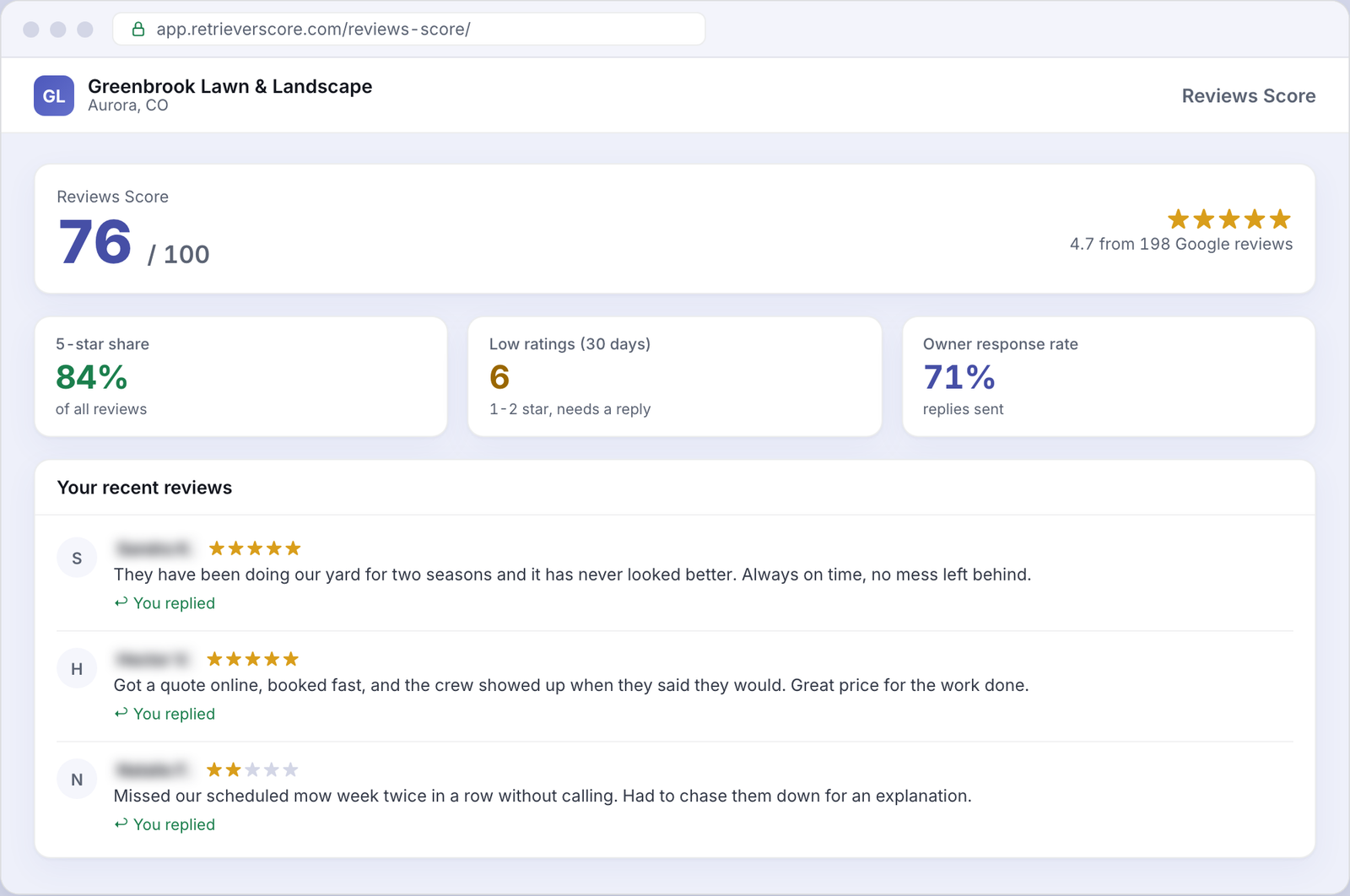 Reviews Score for an example Landscaping business
