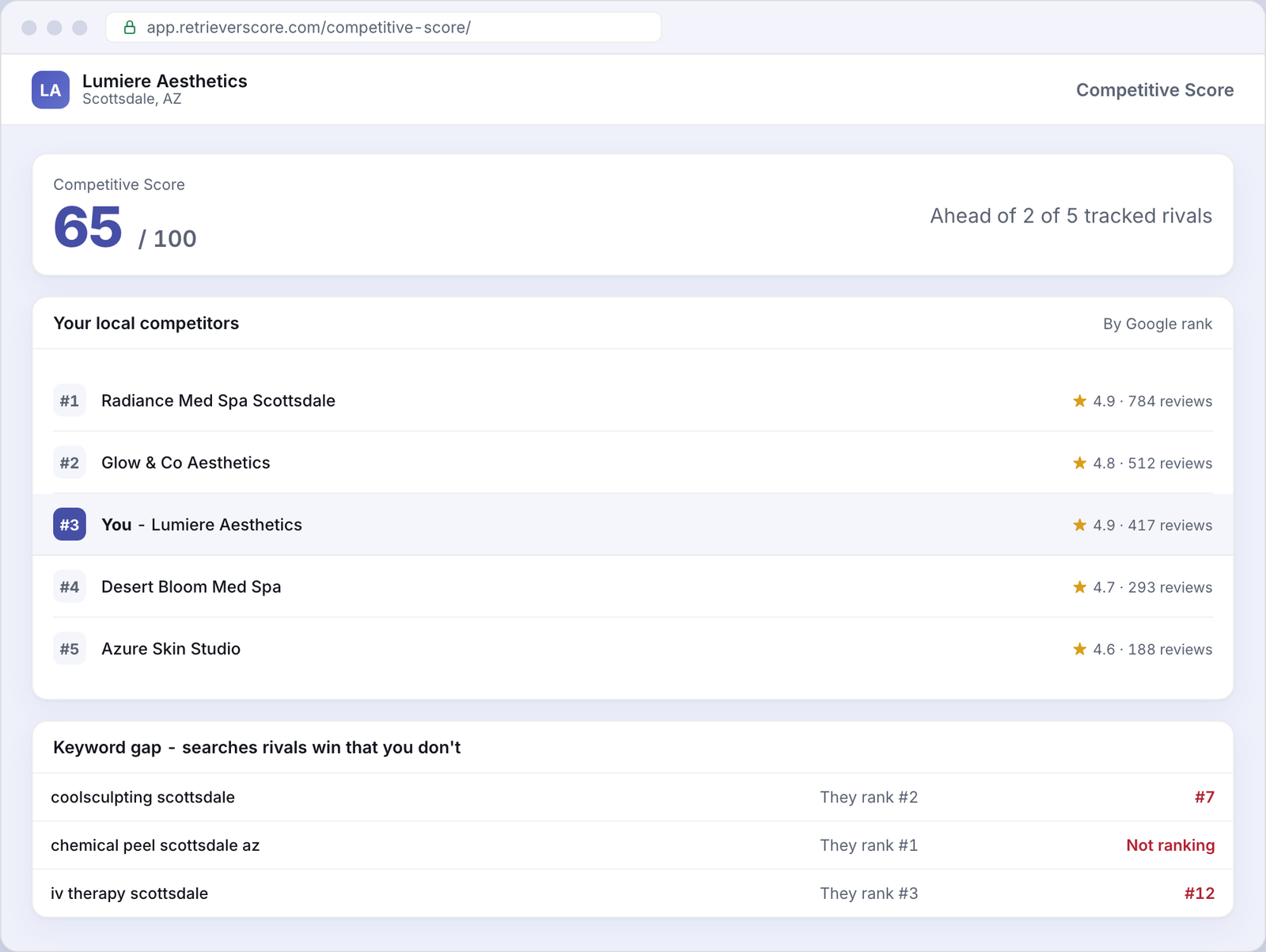 Competitive Score for an example Med spas business