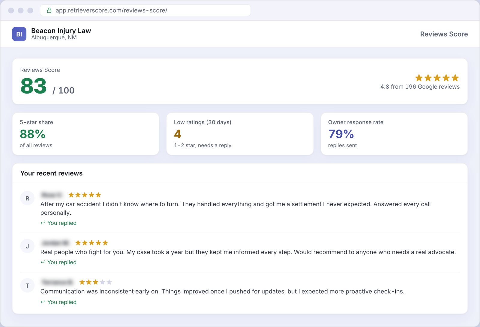 Reviews Score for an example Personal injury law business