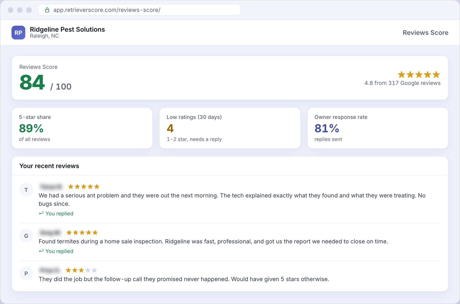 Reviews Score for an example Pest control business