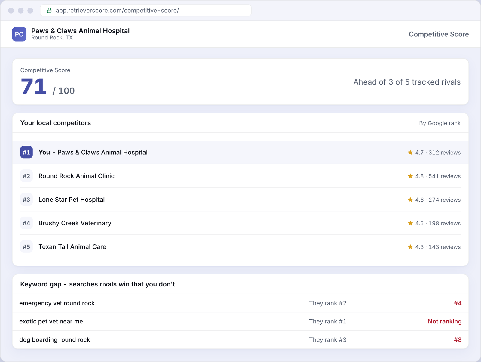 Competitive Score for an example Veterinary business