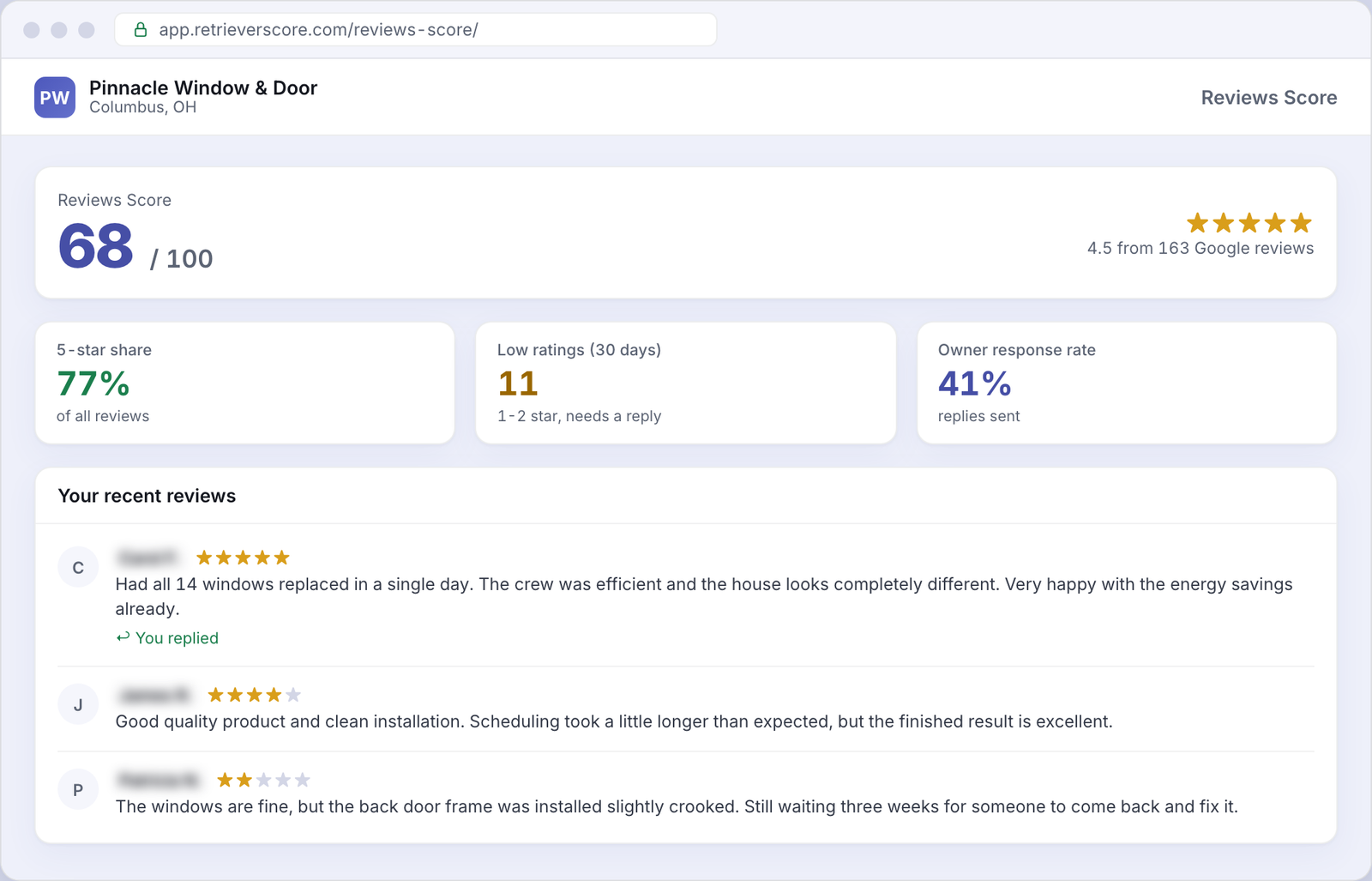 Reviews Score for an example Windows & doors business